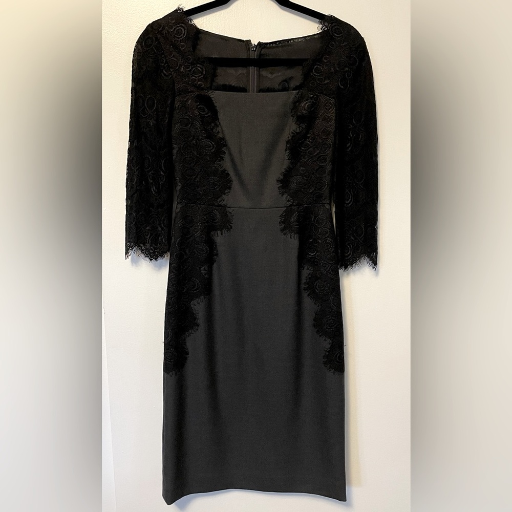 Tory Burch Lainey Charcoal Wool Dress with Black Lace